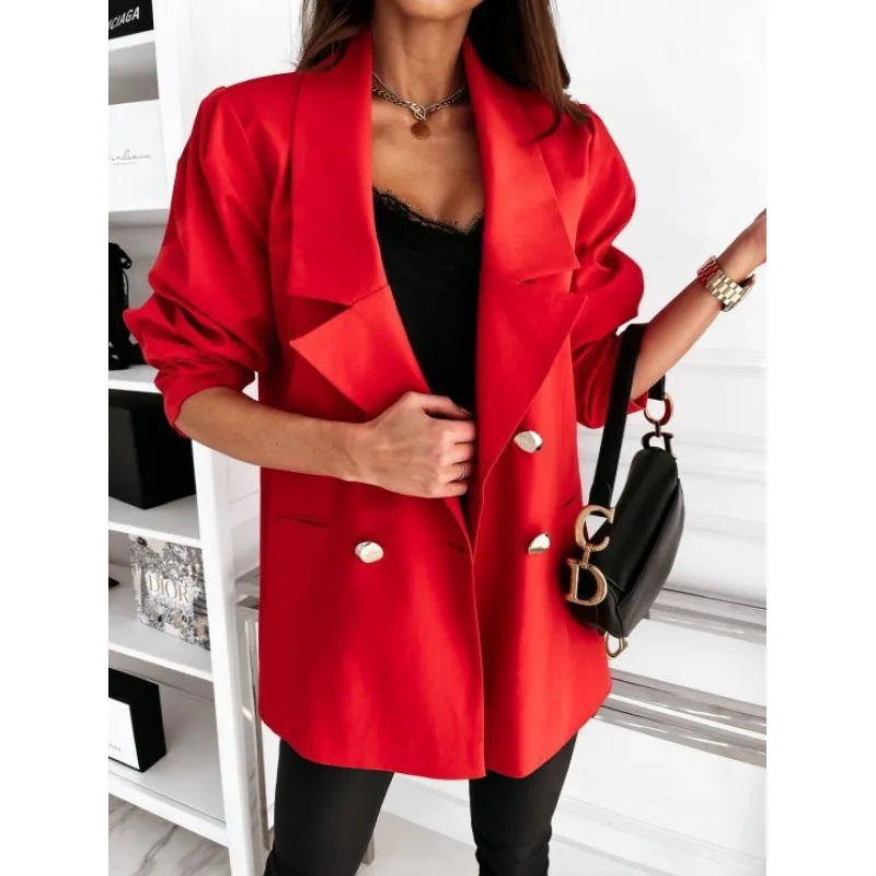 2023 New Autumn and Winter Fashion Solid Color Double Breasted Suit Temperament Commuting Loose Fitting Women's Casual Coat