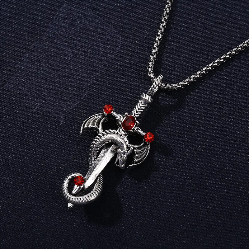 Moda Punk Croce Drago Spada Ciondolo Collana Intarsio Zircone Rosso Pterosauro Collana A Catena Lunga Per Uomo Donna Gioielli Regali