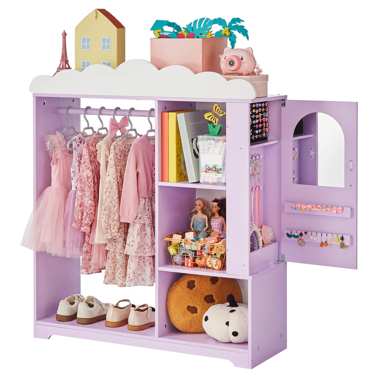 Armoire de rangement SucceBuy pour accessoires de déguisement et bijoux pour enfants avec miroir et étagères, penderie de costumes de princesse pour chambre de filles 1