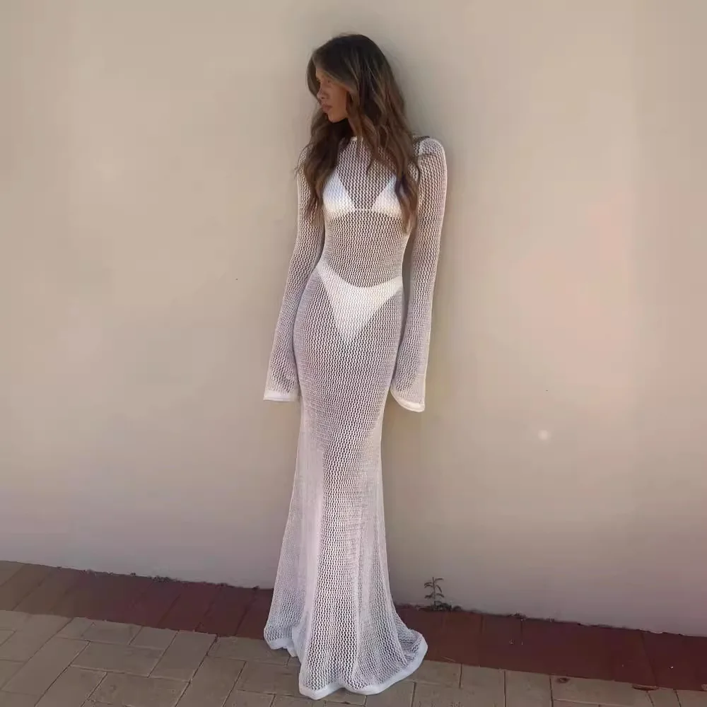 2024 Beach Cover Up Crochet Tunic Bikini Cover-ups Long Sleeve Sexy Hollow Out See Through Maxi Knit Dress Women Summer Outfits