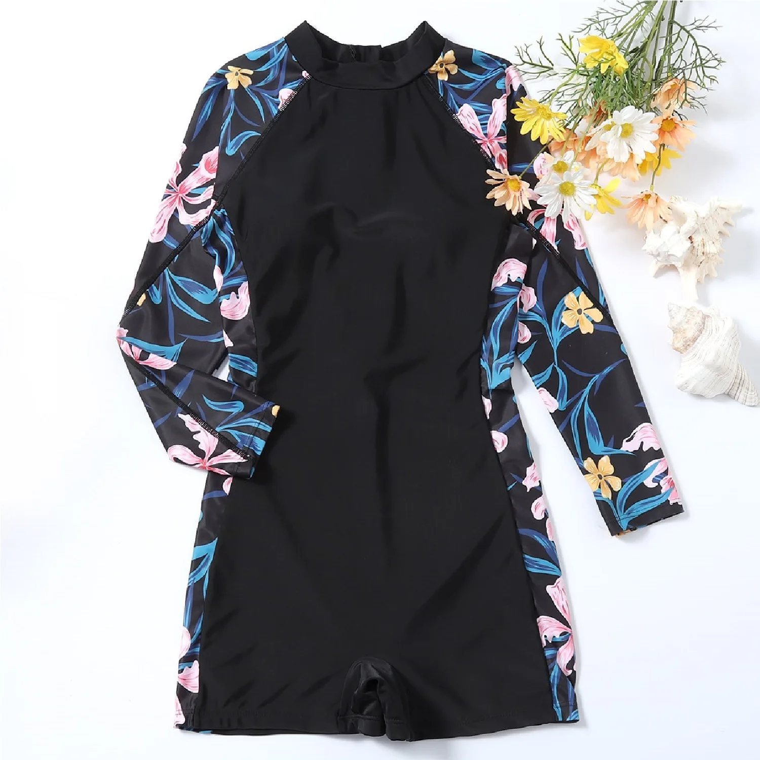 2025 Women’s Floral Long-Sleeve One-Piece Swimsuit – Zipper Monokini with Push-Up Design for Surfing and Beachwear Beachwear Swimwear