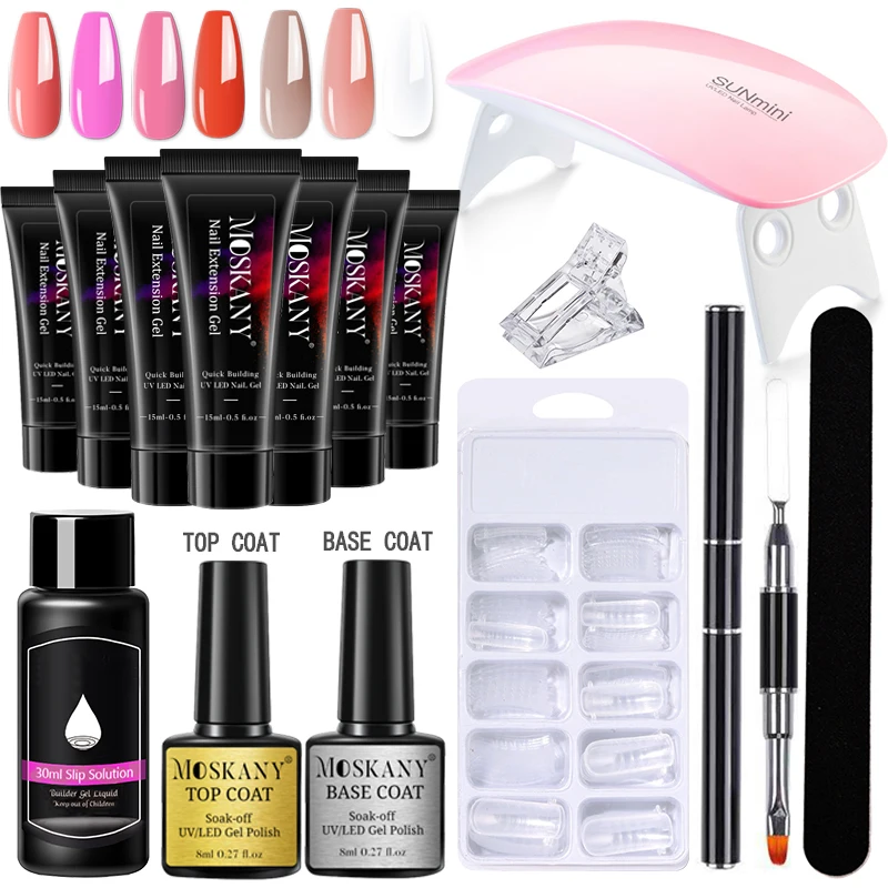 Poly Extention Gel Set Nail Art French Nail Art Clear Color with Top/Best Coat and LED Lamp Nude Color Fast Polish Kit 2