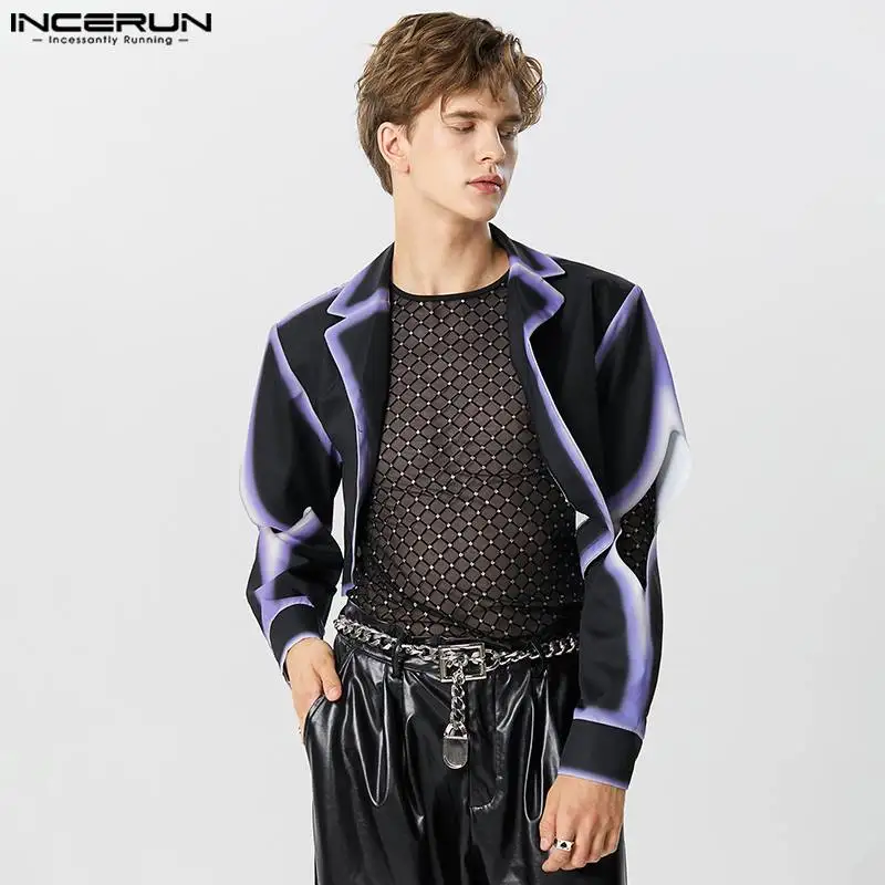 

INCERUN Men Blazer Printing Lapel Long Sleeve Streetwear Open Stitch Casual Irregular Suits 2023 Autumn Fashion Male Crop Coats