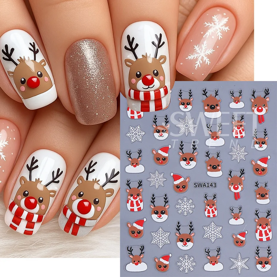 3pcs Glitter Christmas Nail Stickers 3D Winter Snowflake Elk Xmas Tree Gift DIY Self Adhesive Nail Decals Manicure Decoration