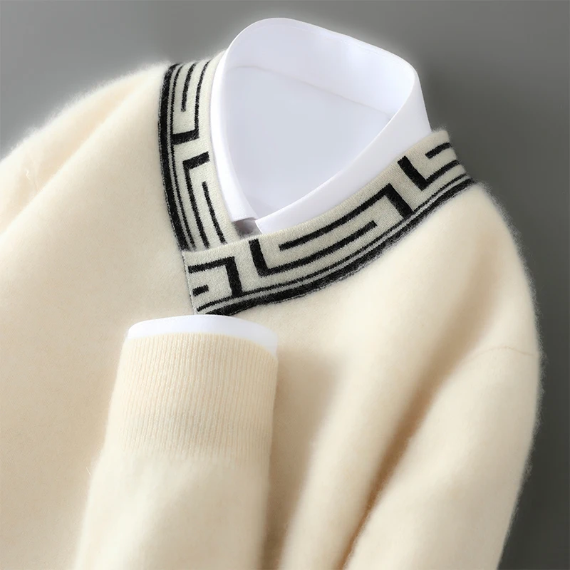 ATTYYWS Autumn and Winter Knitted Casual Color blocked Men's V-neck Sweater Business Full Sleeve New 100% Wool Men's pullover 4
