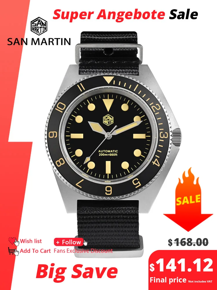 San Martin New 40mm Diving Watch NH35 Automatic Men Mechanical Wristwatch Sapphire Nylon Strap Full Luminous Waterproof 200m