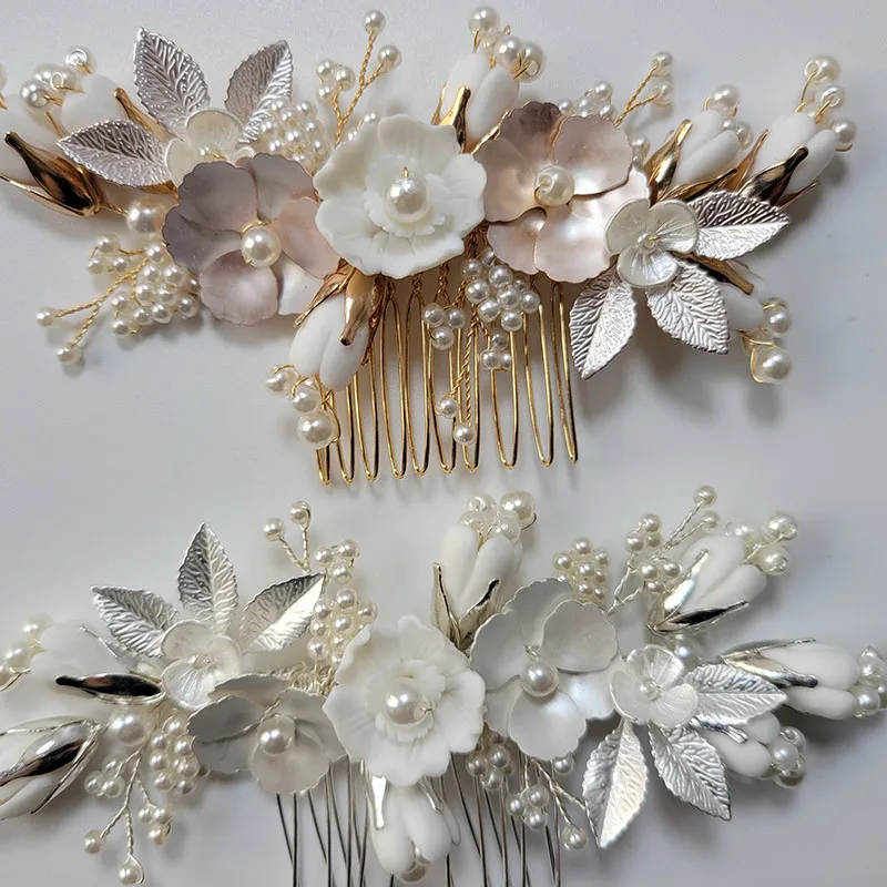 SLBRIDAL Handmade Crystal Rhinestone Pearls Ceramic Flower Bridal Hair Comb Wedding Hair Accessories Bridesmaids Women Jewelry