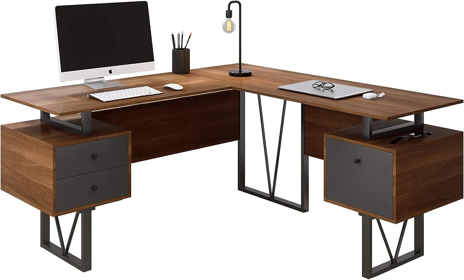 Reversible Modern Versatile L Shaped Drawers and File Cabinet Home Office Desk