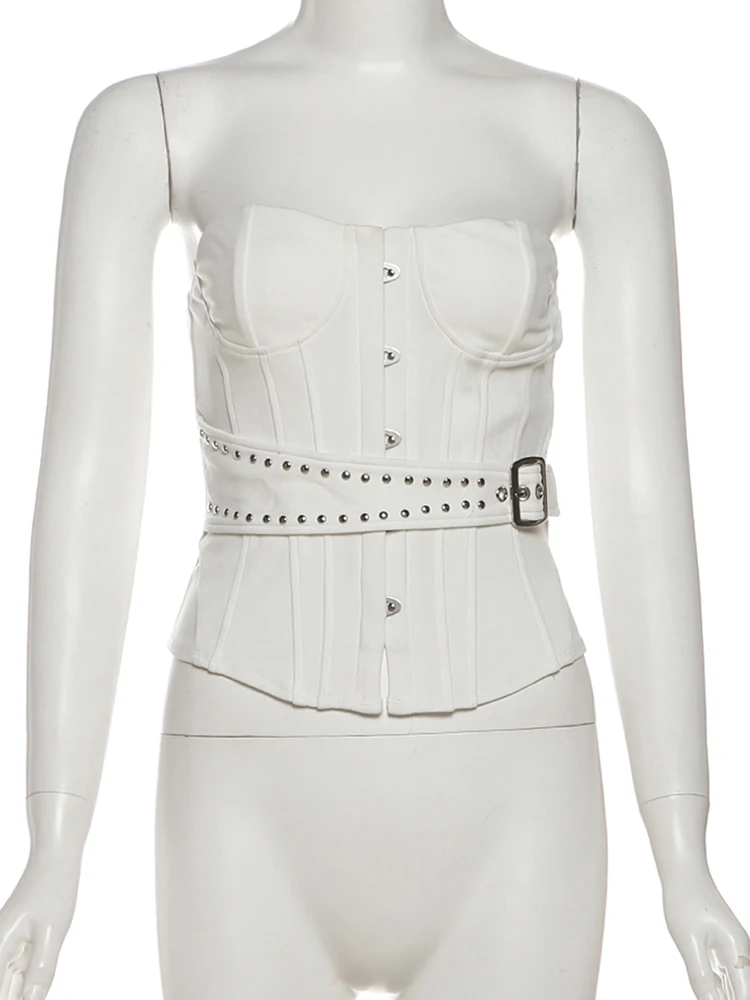 Nibber Hottie Y2K Strapless Tops Women Hidden Button Wild Irregular Beach Vacation Birthday Party Clubwear Street Belt Vests