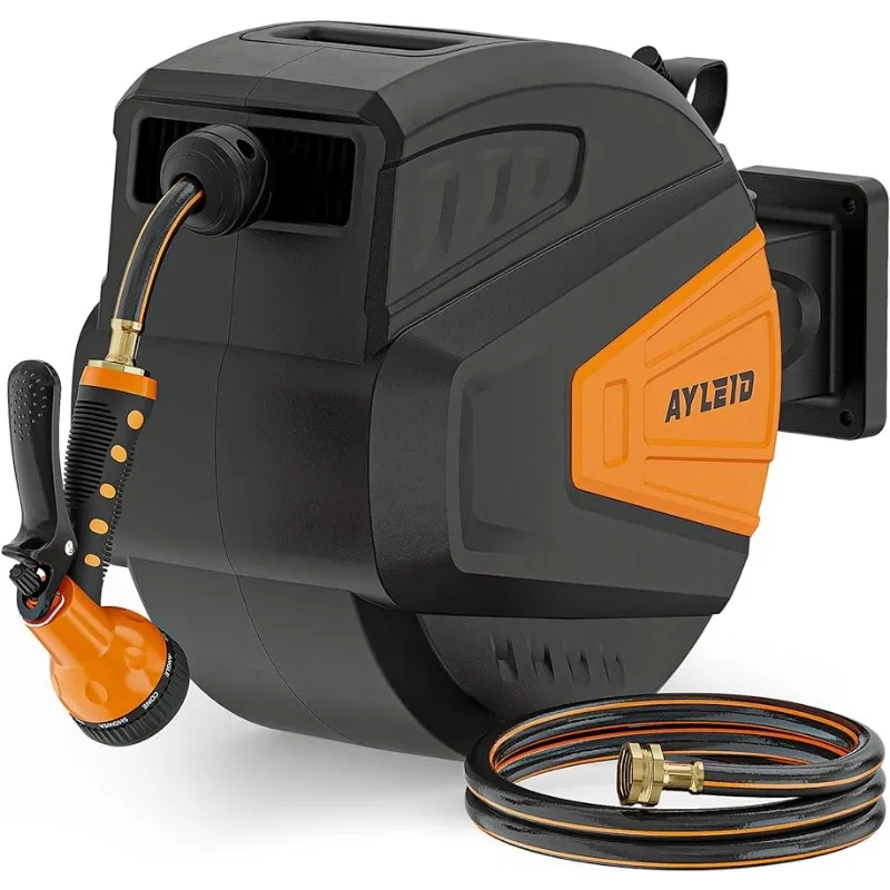 

Ayleid Retractable Garden Hose Reel 1/2 in x 100 ft Wall Mounted Hose Reel,with 9- Function Sprayer Nozzle, Any Length Lock/Slow