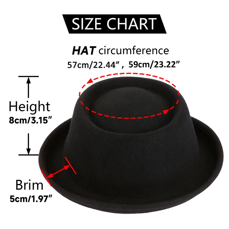 Fedora Hat Wool Pork Pie Felt Curved Brim for Women Men Autumn Winter