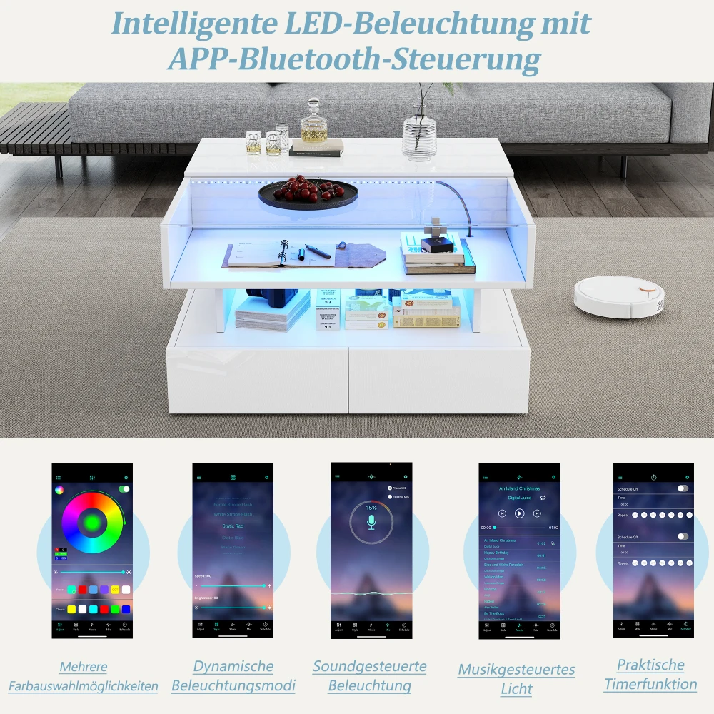 Hochglänzender Couchtisch, Wohnzimmertisch mit Schublade, Beistelltisch mit Schiebeplatte, Couchtisch mit großem Stauraum – Detail 23
