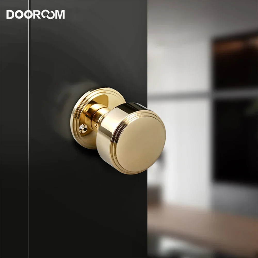 DOOROOM Brass Round Indoor Door Lock Set Silent Magnetic Suction Shiny Gold Bright Chrome Interior Bedroom Bathroom Double Wood