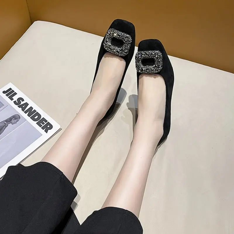 Gold Heels Slip On Velvet Shoes Women Square Toe Chunky Sandals 2024 Footwear Branded Pumps Lace-Up Slip-On Block Crystal Casual