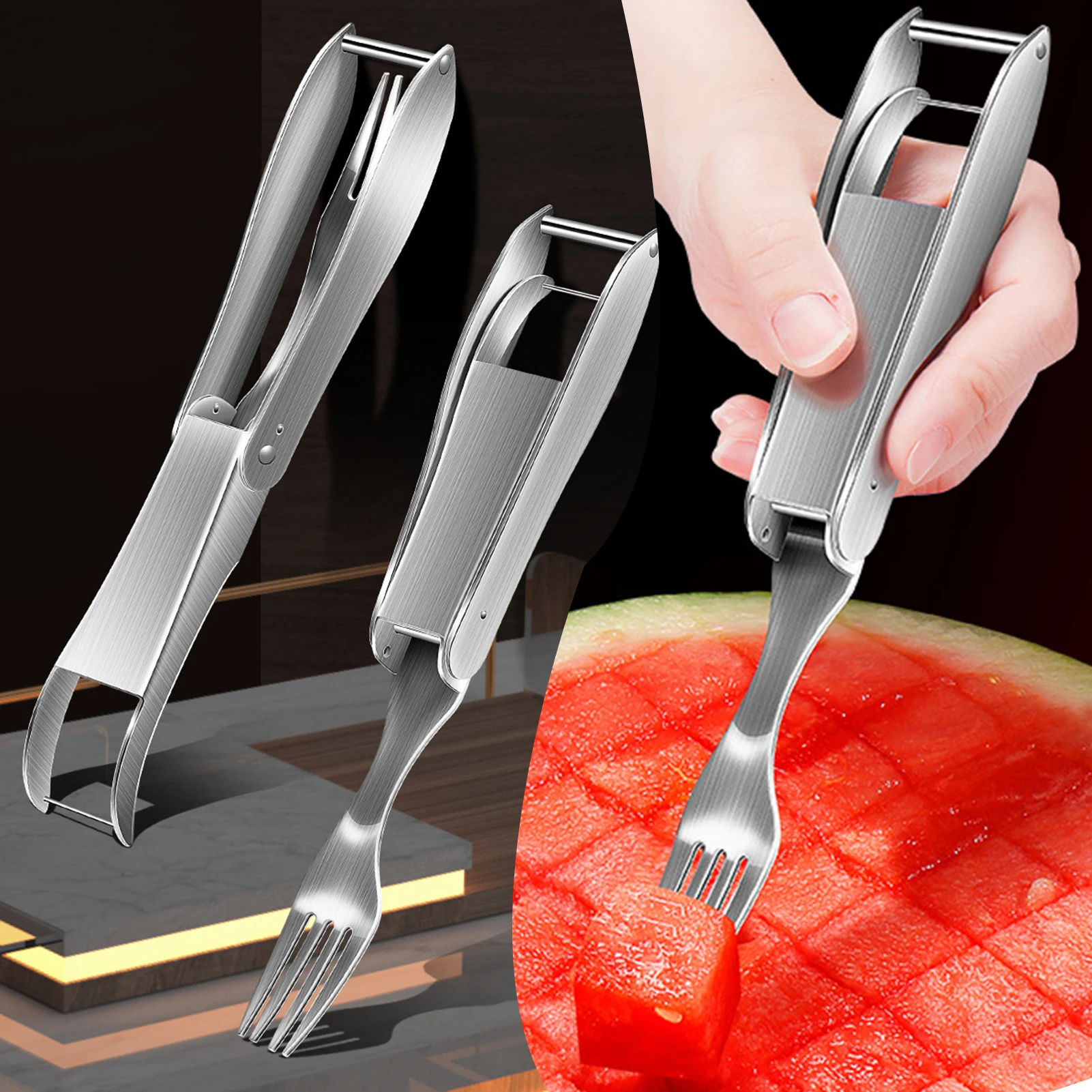 Stainless Steel 2 In 1 Watermelon Cutter Home Fruit Baller Divider Watermelon Dicing Fork Fruit Cutting Tool For Camping Picnics