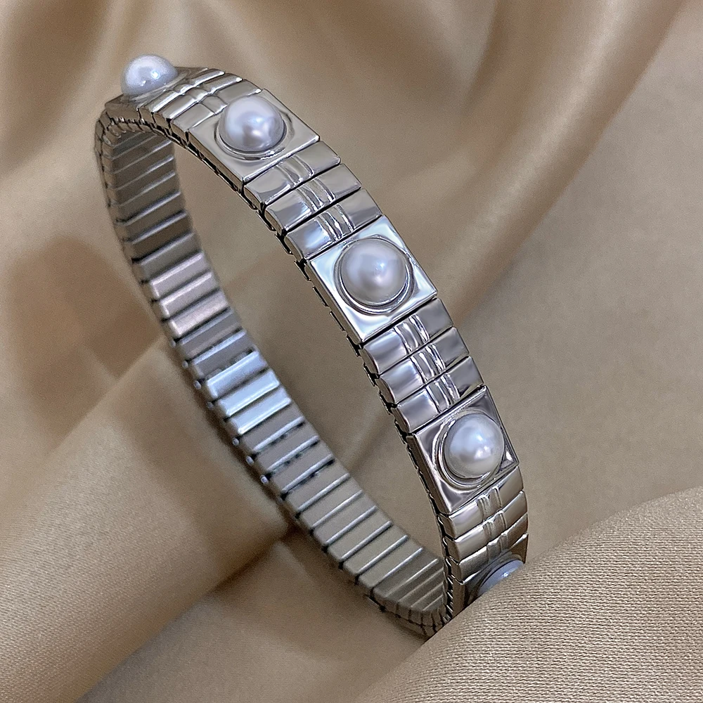 Imitation Pearls Elasticity Bracelets Stainless Steel Elastic Scalable Bangles for Women Cuff Wristband Waterproof Jewelry 3