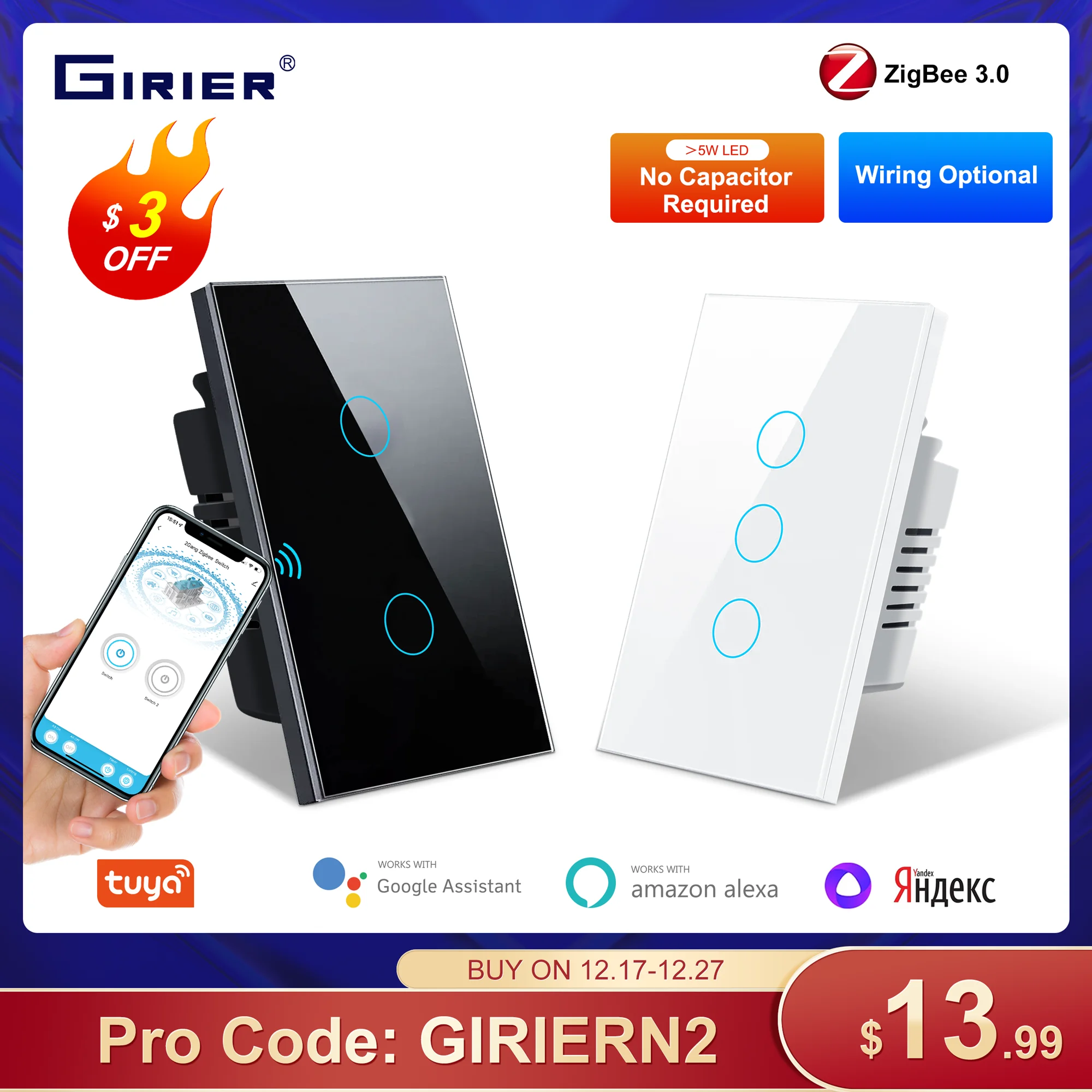 GIRIER Tuya ZigBee Light Switch US No Neutral Wire Required Smart Touch