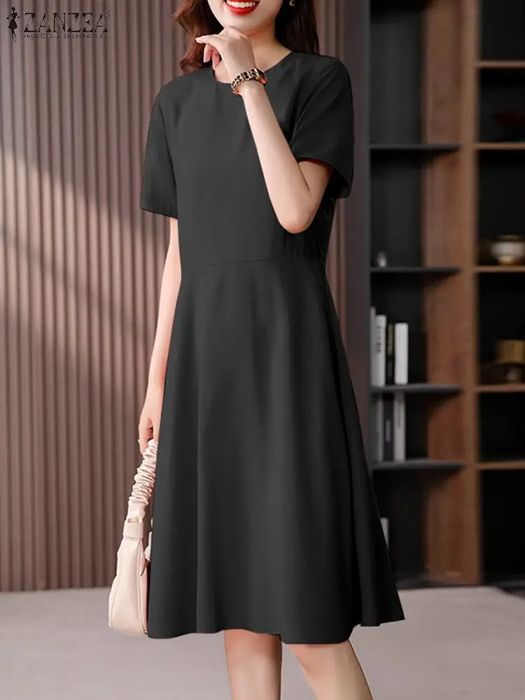 

ZANZEA Fashion Summer Women Elegant Solid A-line Party Vestido Femme Robe Casual Work Sundress O Neck Short Sleeve Midi Dress