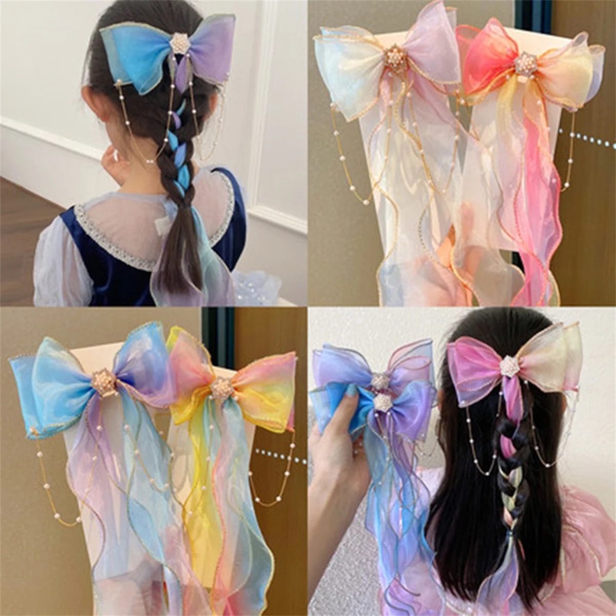 5 Styles Large Ribbon Headband Princess Girl Imitation Pearl Bow Tie Braided Hair Accessories
