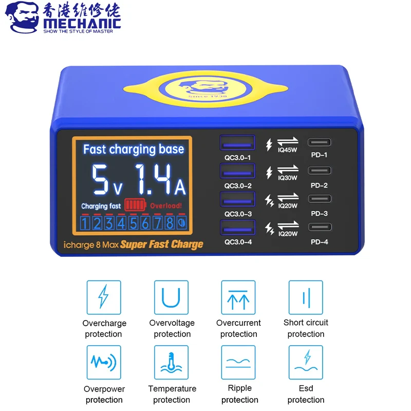

Беспроводное зарядное устройство MECHANIC PD 18 Вт с 8 умными портами и ЖК-дисплеем для быстрой зарядки USB QC 3,0