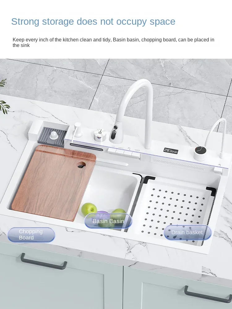 White flying rain waterfall sink integrated multi-functional large single slot 304 stainless steel vegetable washing sink 3