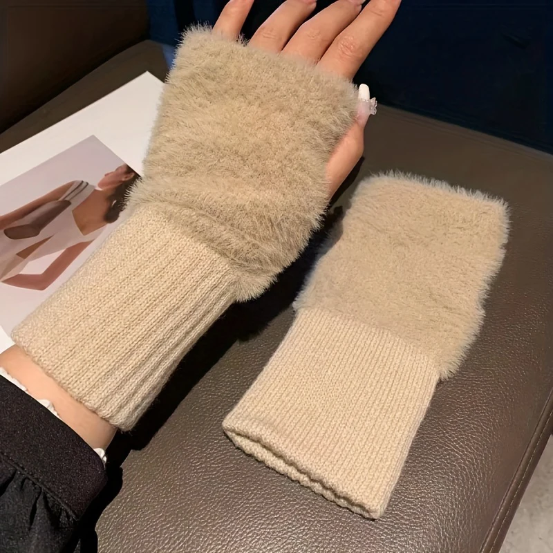 Imitation Mink Fleece Half Finger Gloves For Women Winter Warm Plush Knitted Fingerless Gloves Wrist Mittens Fluffy Work Gloves