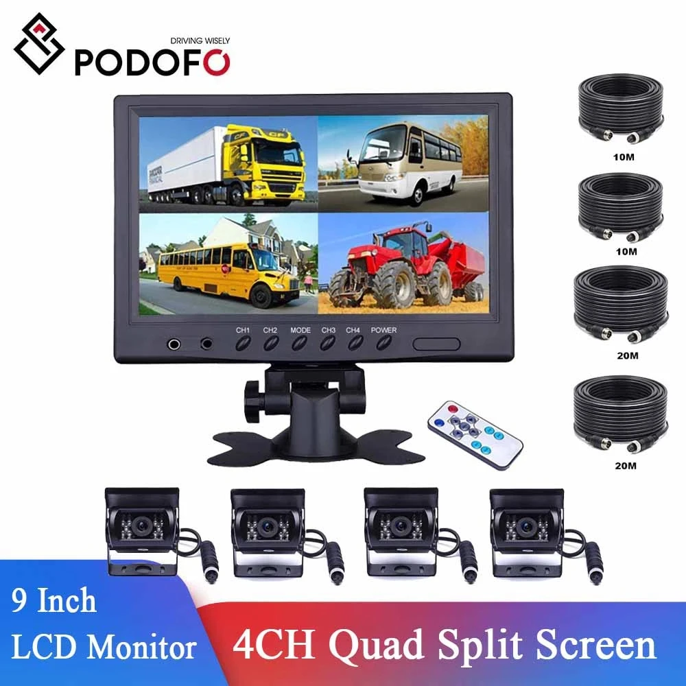 Vehicle Car Rear View 9" LCD Monitor 4CH Quad Split Screen 4Pin For Bus Truck Caravan Van Motorhome Camper Parking