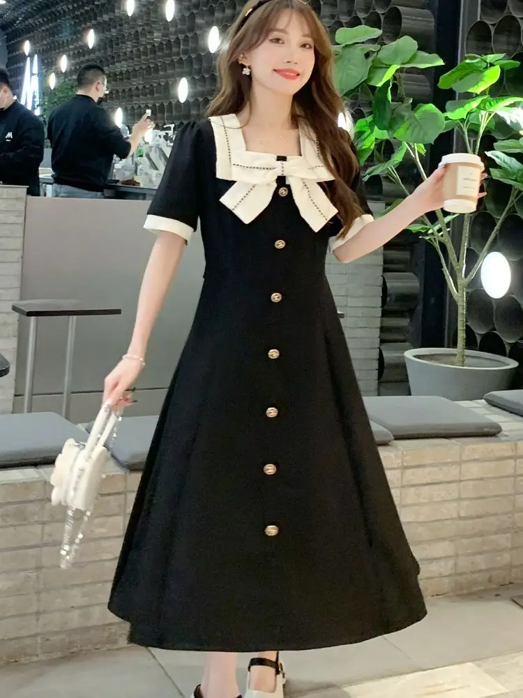 2024 Preppy Style Square Collar Short Sleeve Pregnant Womes Dress Bowknot Fake Buttons Maternity Elegant Dress Formal Clothes