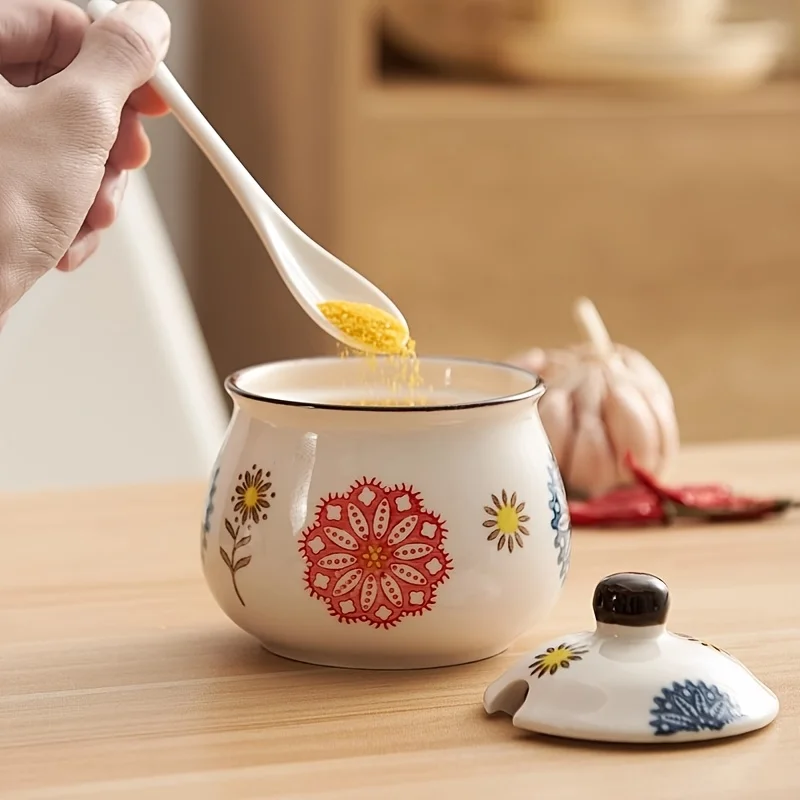 3pcs Hand-Painted Ceramic Salt & Sugar Jars Suitable Storage, Lidded Spoons Included with Underglaze Containers, Decorative Cond 2