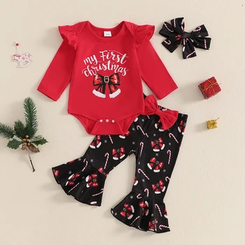 Baby Girls Christmas Outfits Autumn Clothes Bow Print Long Sleeves Romper and Elastic Flared Pants Headband 3 Pieces Set 1