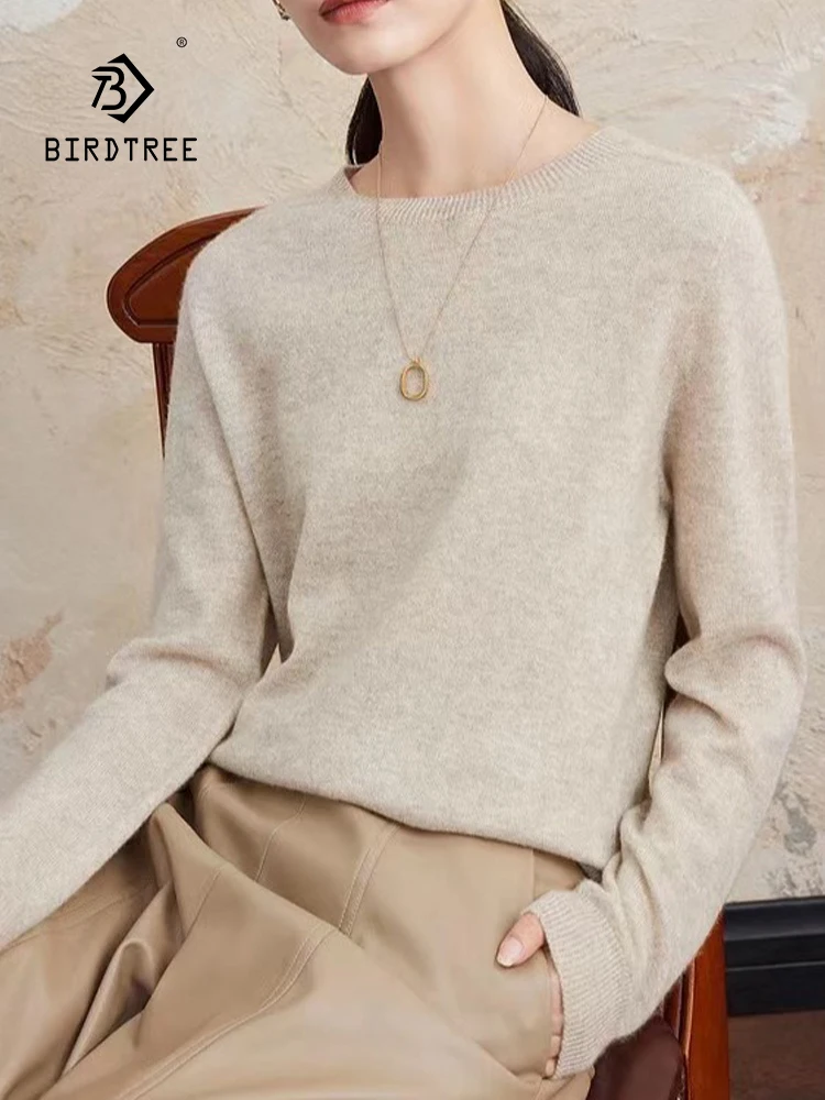 

Birdtree 30% Cashmere 70% Wool Minimalist Warm Pullover Women's Solid Round Neck Base Autumn Winter Knitted Sweater New T3D516QC