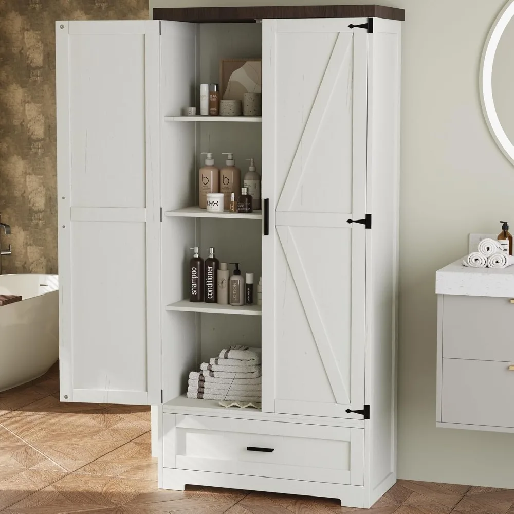 Farmhouse Kitchen Pantry Cabinet 72" Tall Wood Kitchen Storage Cabinets Adjustable Shelves 2 Barn Doors Drawer