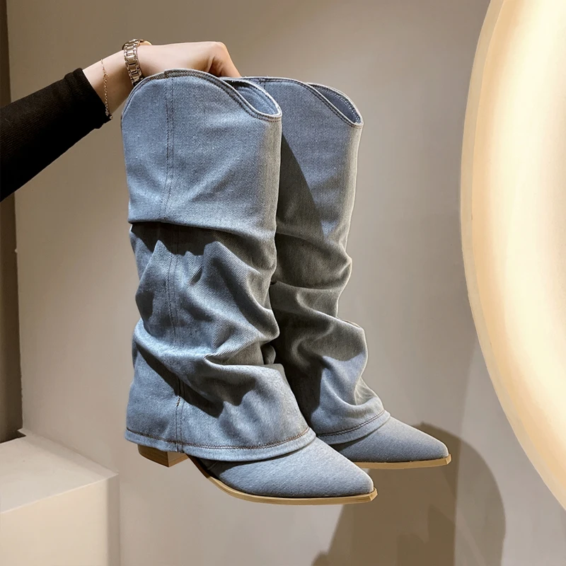 Brand Design Blue Denim Long Boots Woman Mid Heeled Knee High Botas Ladies Stylish Pointed Toe Cowboy Jeans Shoes Plus Size