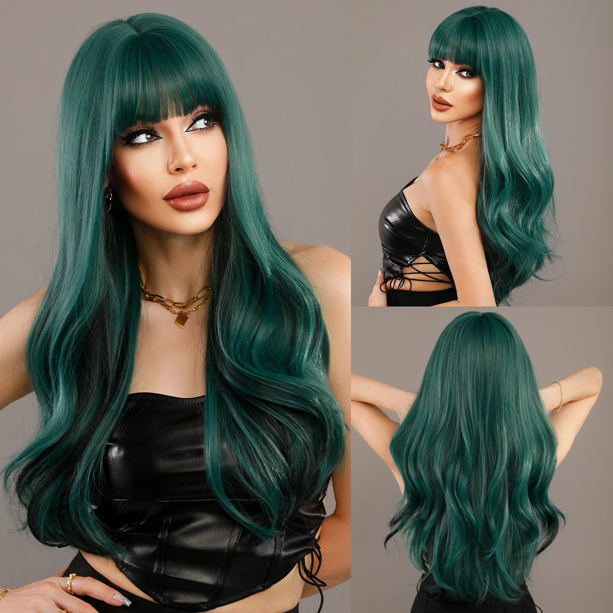 NAMM Lavender Long Wavy Green Wig for Women Daily Cosplay Party Synthetic Long Hair Wig with Fluffy Bangs Heat Resistant Fiber