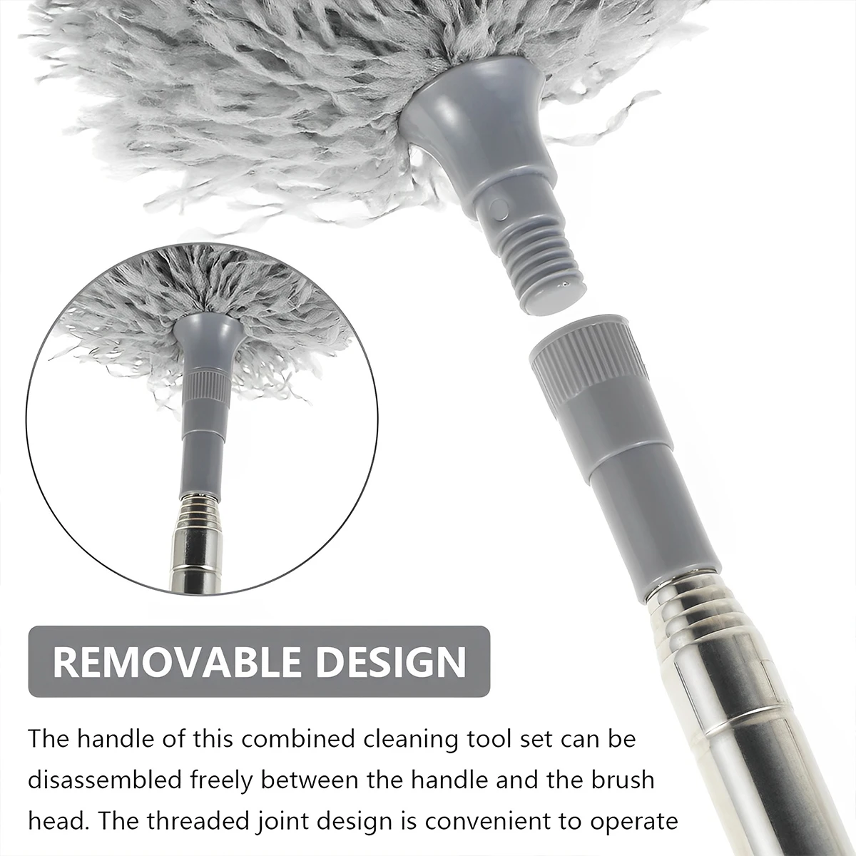 Plumeau Télescopique Lavable Manche Extensible Jusqu'à 282 Cm - Microfibre - Gris - Neuf