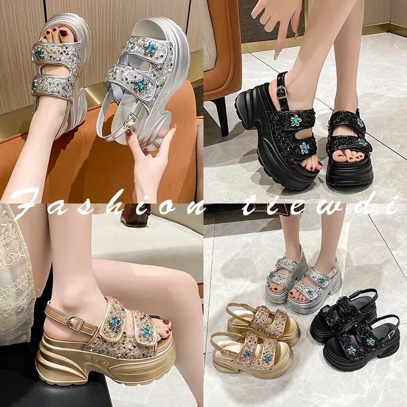Chunky Platform Bling Rhinestone Sandals For Women Beach Summer_voghion.com