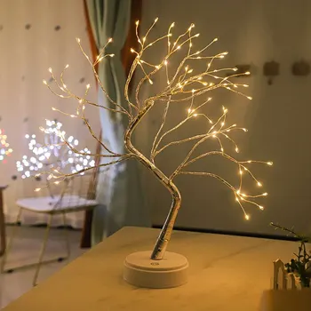 LED 테이블 램프 나무 구리 와이어, USB/AA 배터리 전원, 침실 연구 장식 데크 램프, 창의적인 조명, 실내 야간 램프