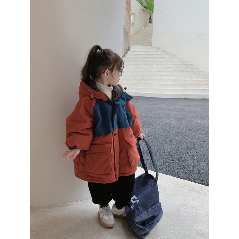 Boys Girls Korean Fashion Winter Cotton Clothing Children's Padded Thickened Hooded Cotton Jacket Boy Baby Warm Jacket
