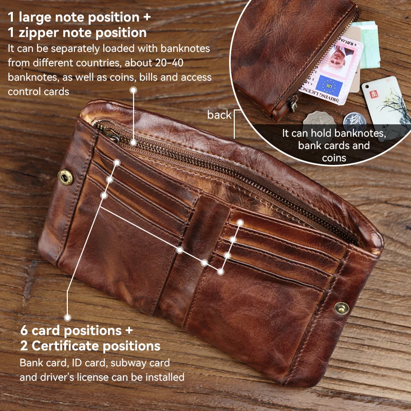 Retro Genuine Leather Short Wallet For Men Handmade Leather Card Slot Coin Pocket Zipper Money Bag Portable Small Male Wallet