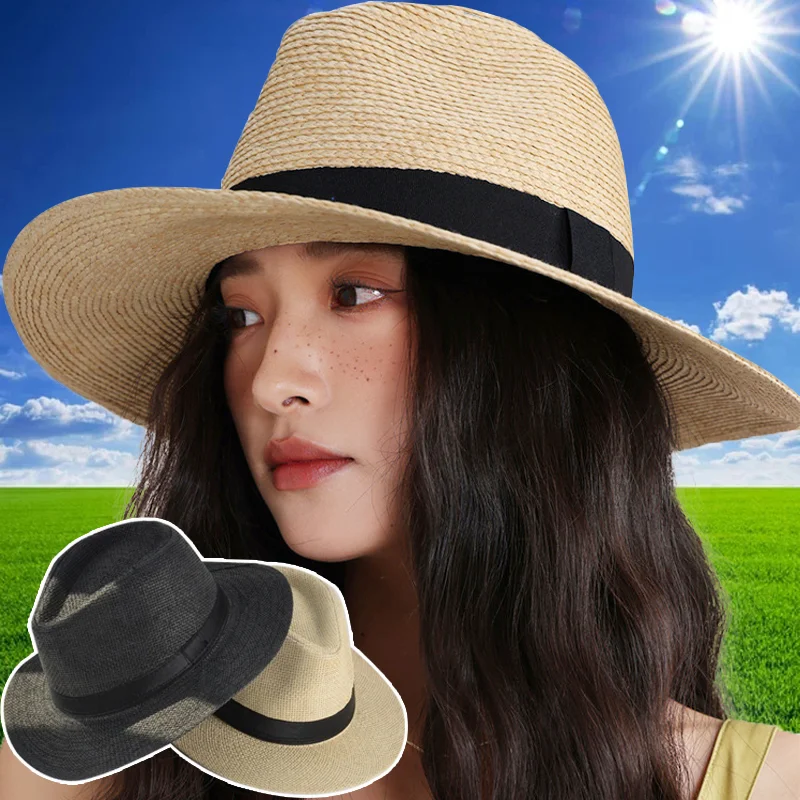 2023 Summer Sunscreen Straw Sun Hat Beach Vacation Panama Handwoven Straw Caps Men Women Casual Sunshade Gangster Cap Bucket Hat 1