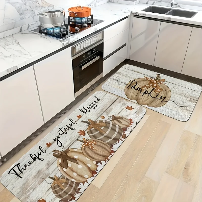 Pumpkin Kitchen Mat Soft Non Slip Flannel Dining and Living Room Mat Easy To Clean Perfect for Families and Thanksgiving Parties