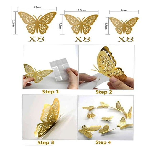 3D Butterfly Wall Stickers, 24pcs Gold Butterflies, Butterfly Wall Decor,  Butterfly Decor, Butterfly Party Decorations, Butterfly Decorations for