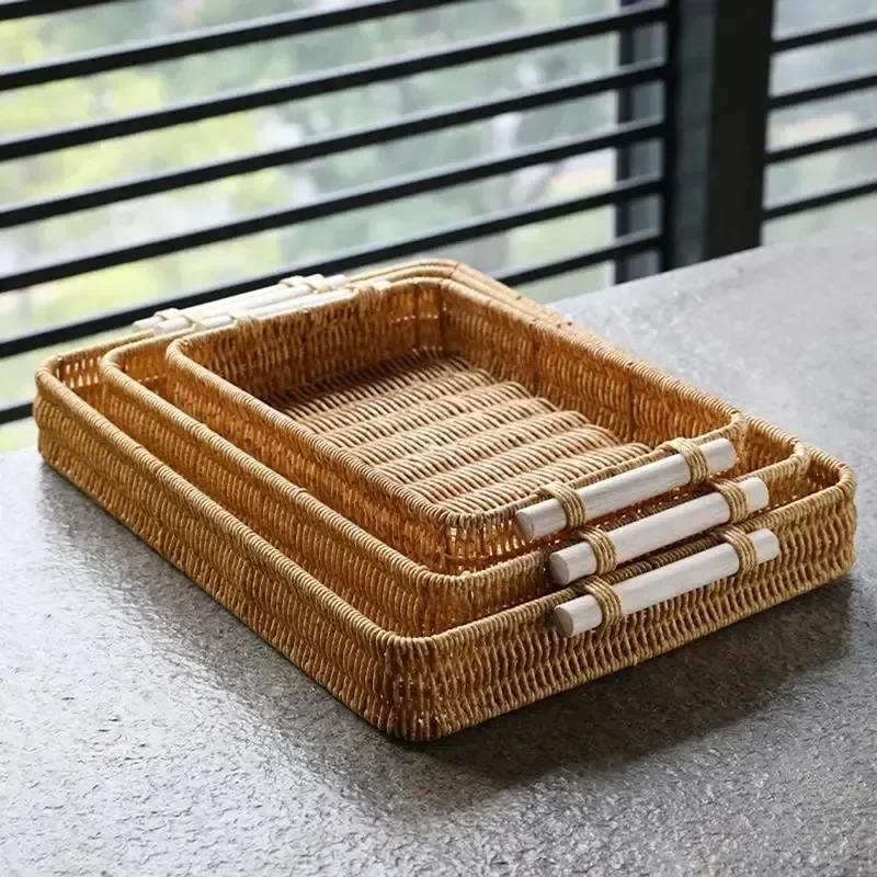 

Rattan With Serving For Drinks And Woven Rustic Breakfast Bread Rattan Snack Tray Decorative Handles Rectangular Trays