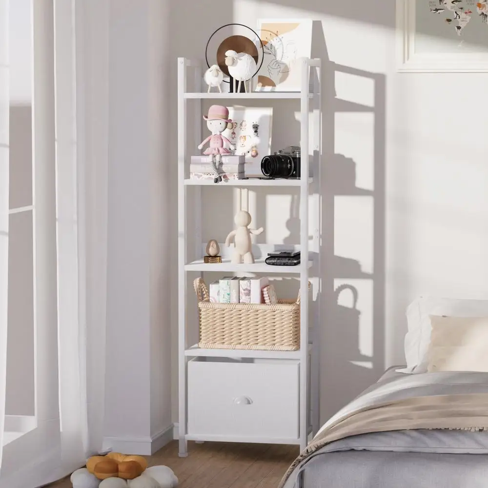 5 Tier Ladder Bookcase Open Shelf with Removable Fabric Drawer Sturdy Metal Frame Adjustable Shelves Living Room Office Storage 4