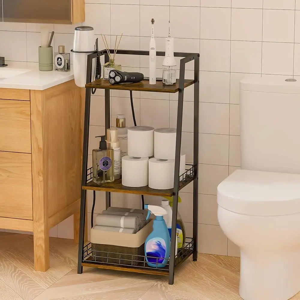 3-Tier Bathroom Organizer with Charging Station USB Ports and Hair Dryer Holder Multi-Functional Storage Shelf Home Use 5