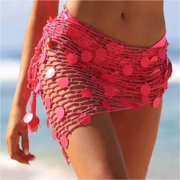 Women's Handmade Crochet Triangle Mesh Shawl With Sequins Sexy Beach Sunscreen Skirt Summer Hollow Out Swimsuit Cover Ups 1