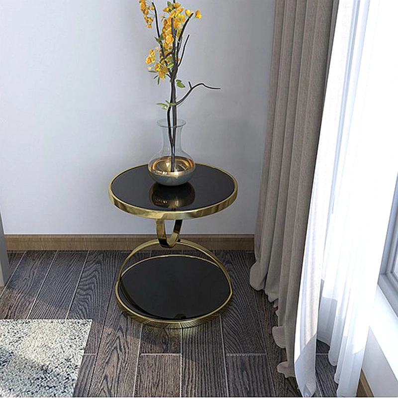 Luxury Toughened Marble Glass Corner Table Living Room Marble Sofa Side Stainless Steel Gold Round Postmoder Furnitures