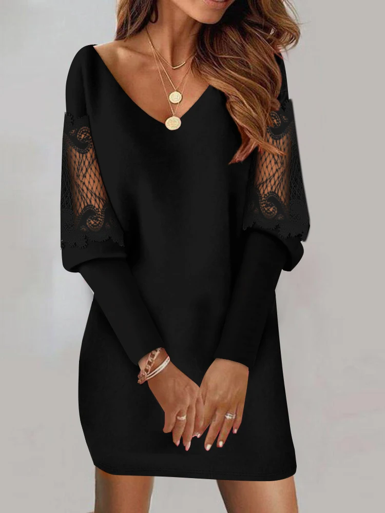 

Spring Women Contrast Lace Gigot Sleeve Casual Dress 2024 New Style V Neck Long Sleeve Sexy Black Party Wear Mini Dress Female