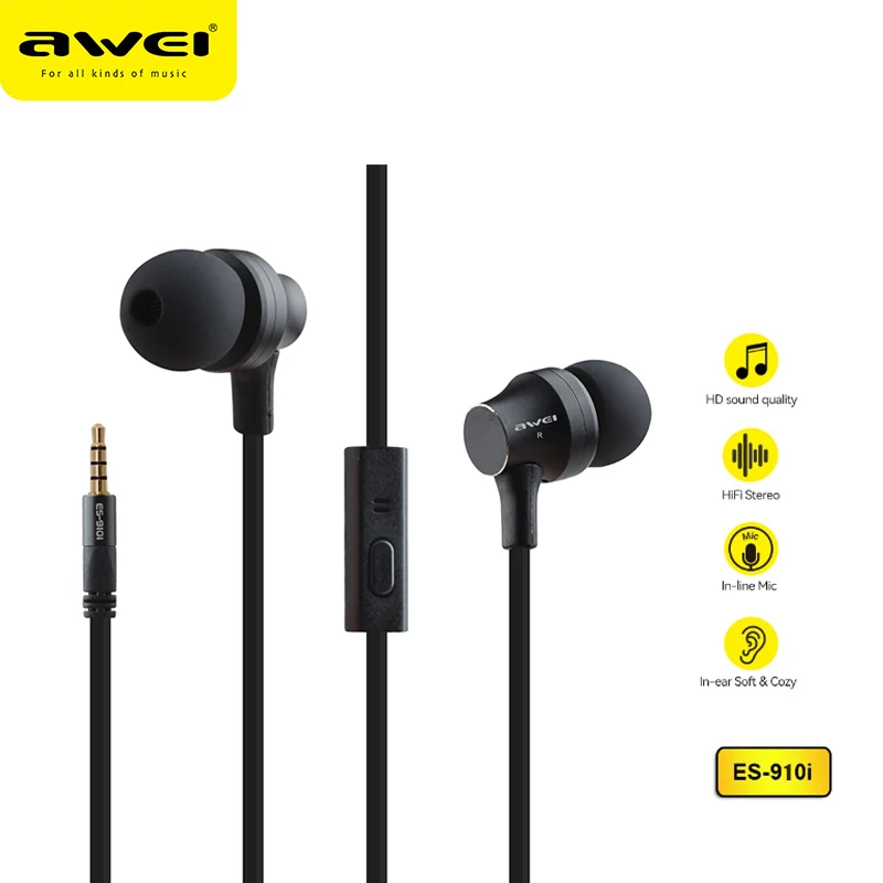 Awei 3.5mm Wired Earphones In-ear Headset Gamer Volume Control With Built-in Microphone Universal Earbuds For phone