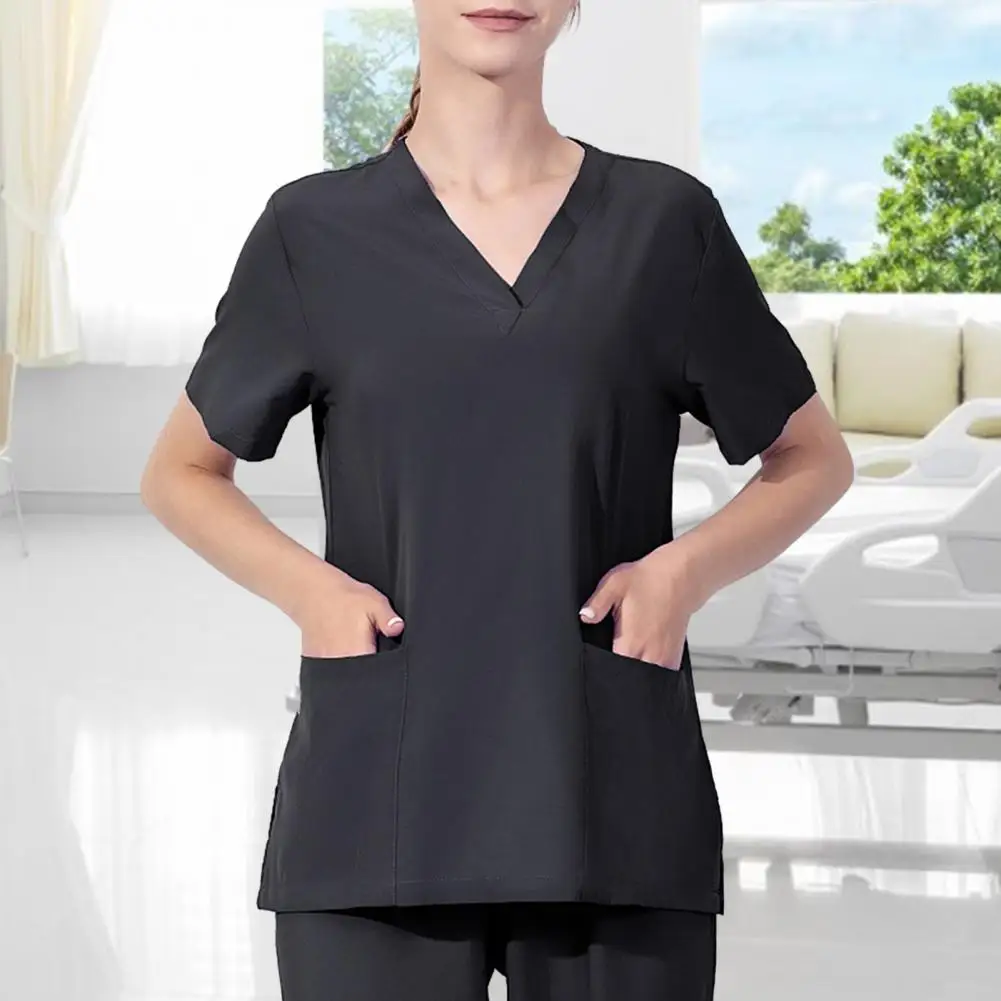 

Hem Side Slit Nurse Tops Hospital Operating Room Uniform Tops with Pockets Side Split for Nurses Dental Surgery Workwear V-neck